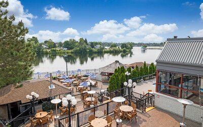 Beautiful hotel terrace with lounge sitting at Holiday Inn Peterborough-Waterfront.