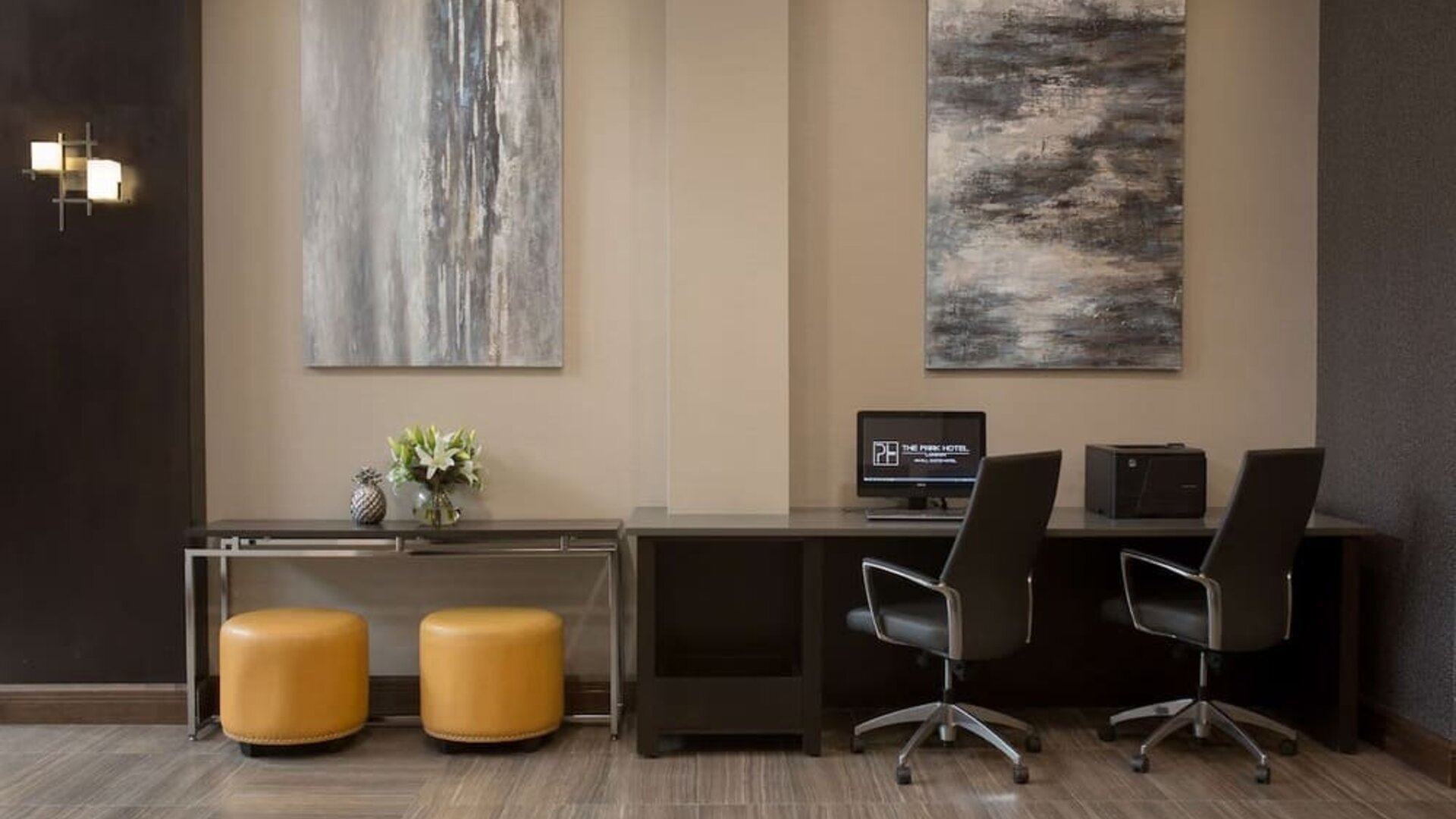Business center with computer, printer and ergonomic chairs at The Park Hotel London.