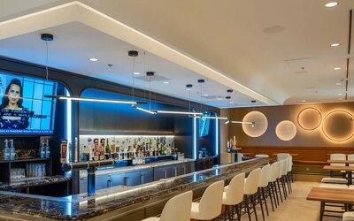 Stylish hotel bar with lounge area at Atlantica Hotel Halifax.
