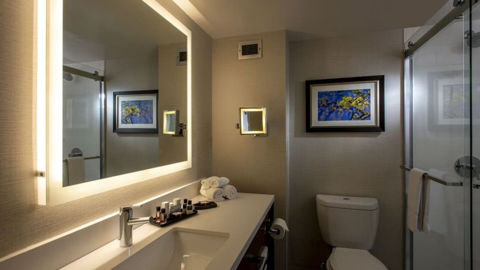 Guest bathroom with shower and free toiletries at Atlantica Hotel Halifax.