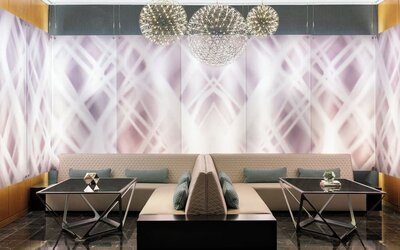 Lobby and coworking lounge at Crystal Gateway Marriott.