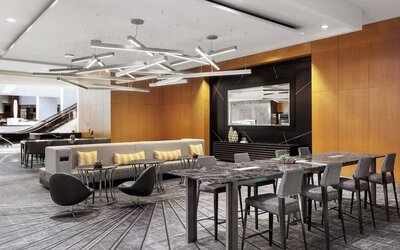 Lobby and coworking lounge at Crystal Gateway Marriott.