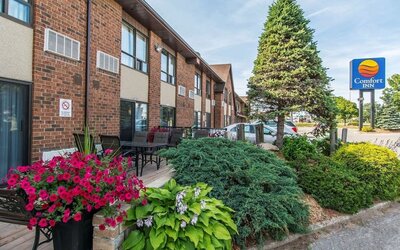 Hotel exterior with beautiful sitting area at Comfort Inn Sault Ste. Marie.