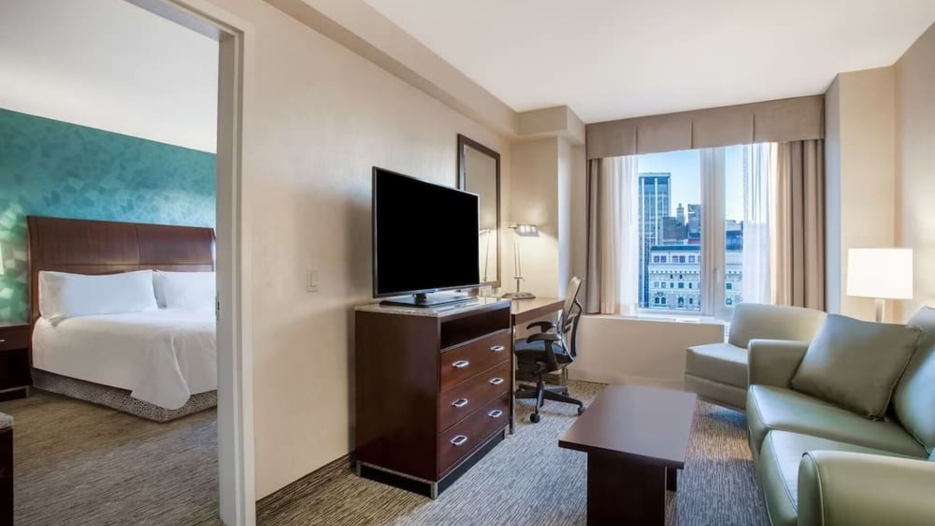 Day use room with living area at Hilton Garden Inn New York/West 35th Street.