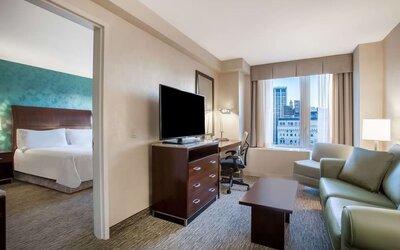 Day use room with living area at Hilton Garden Inn New York/West 35th Street.