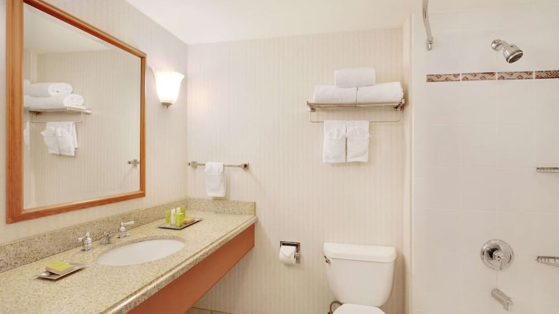 Guest bathroom with shower and tub at Hilton Seattle Airport & Conference Center.