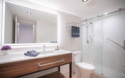 Guest bathroom with shower and free toiletries at Les Suites Hotel Ottawa.