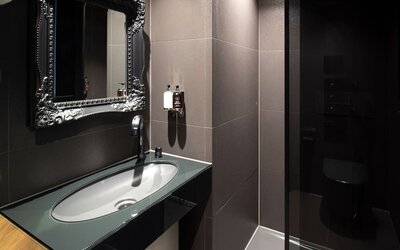 Guest bathroom with shower and free toiletries at Bloc Hotel.
