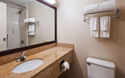 Guest bathroom with shower at Best Western Executive Hotel Of New Haven-West Haven.