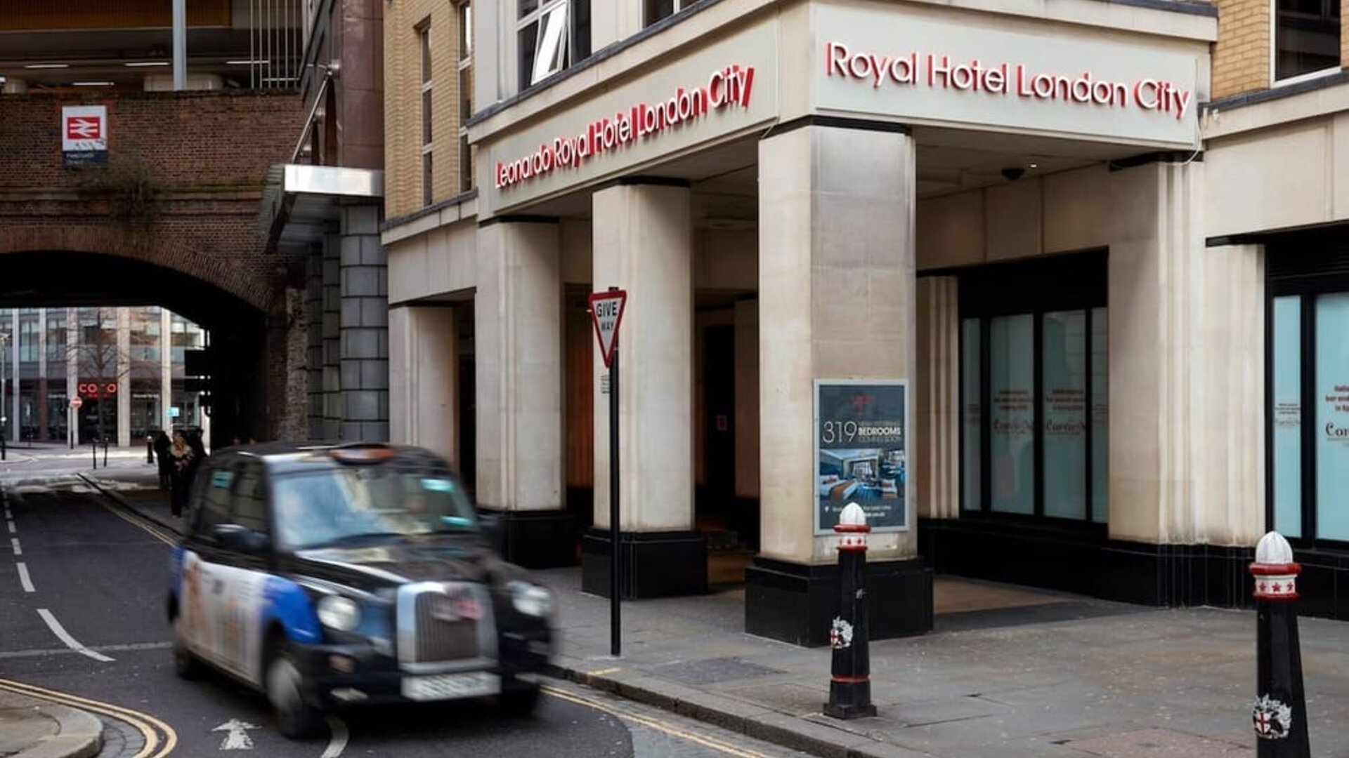 Hotel entrance at Leonardo Royal Hotel London City.