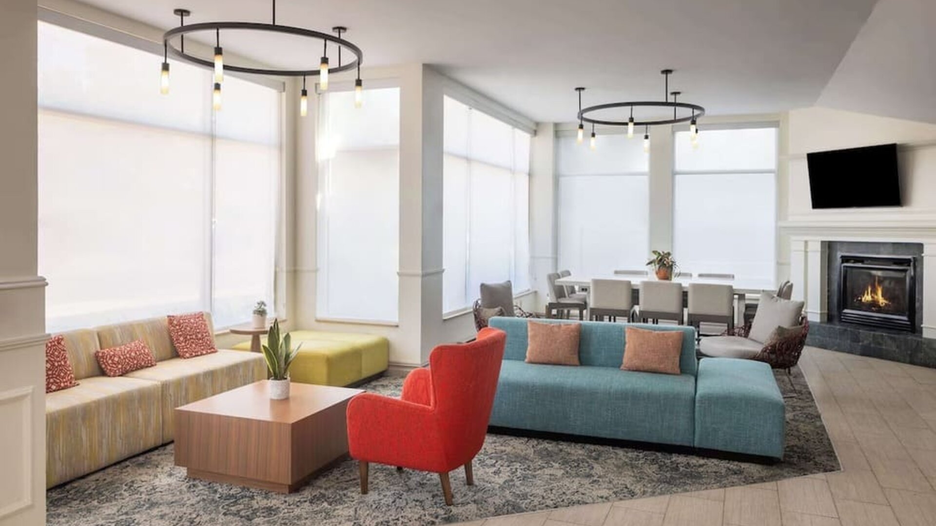 Lobby and coworking lounge at Hilton Garden Inn Queens/JFK Airport.