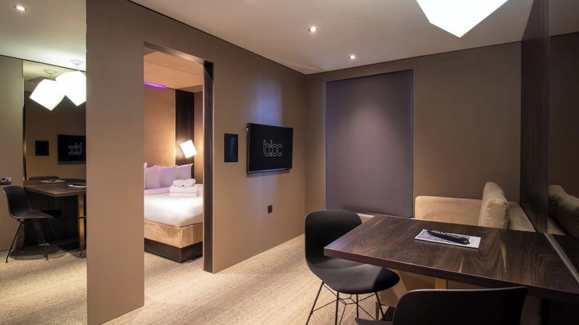 Double day use room with workspace and private bathroom at Bloc Hotel Birmingham.