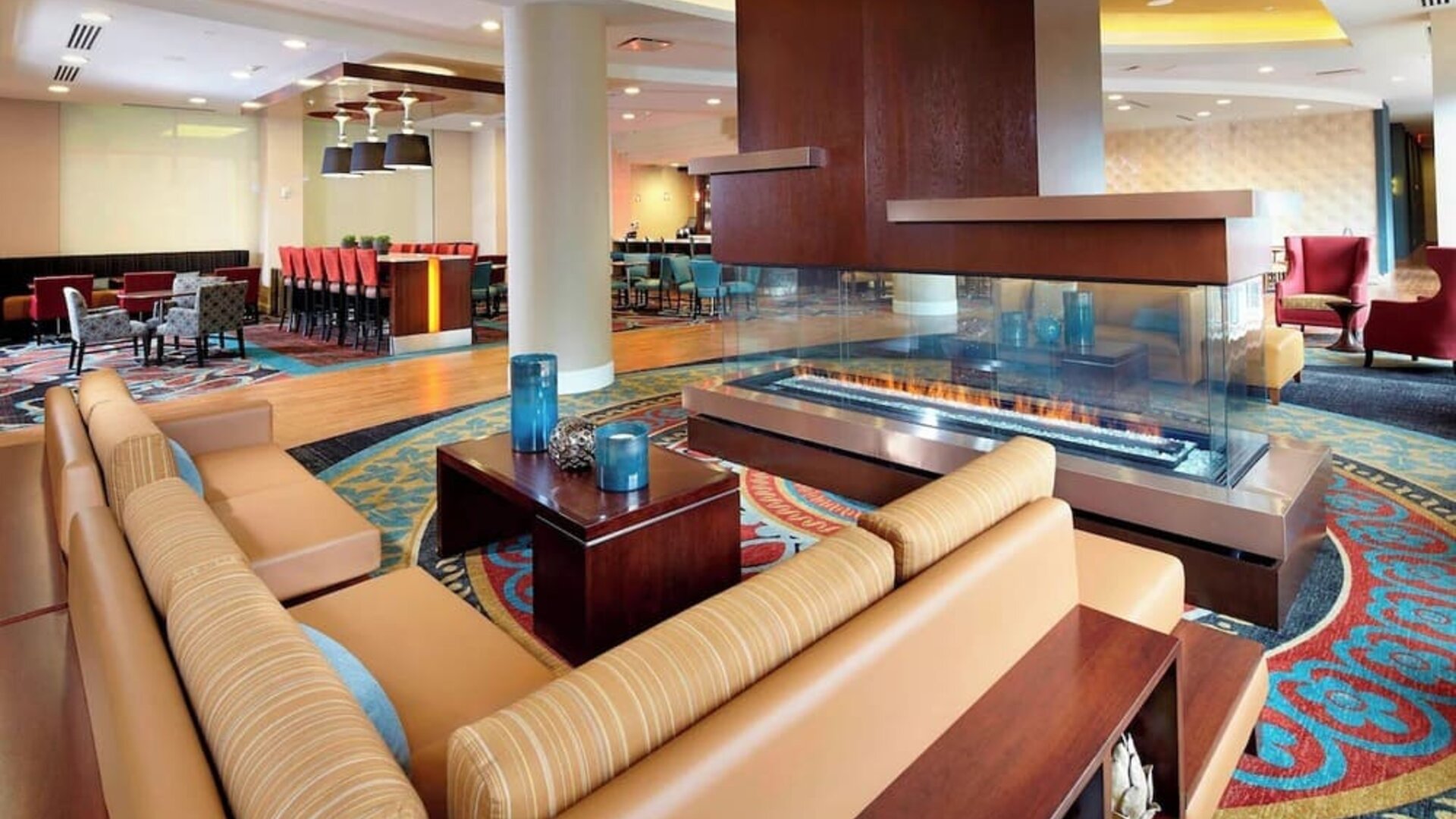 Lobby and coworking lounge at Residence Inn Secaucus.