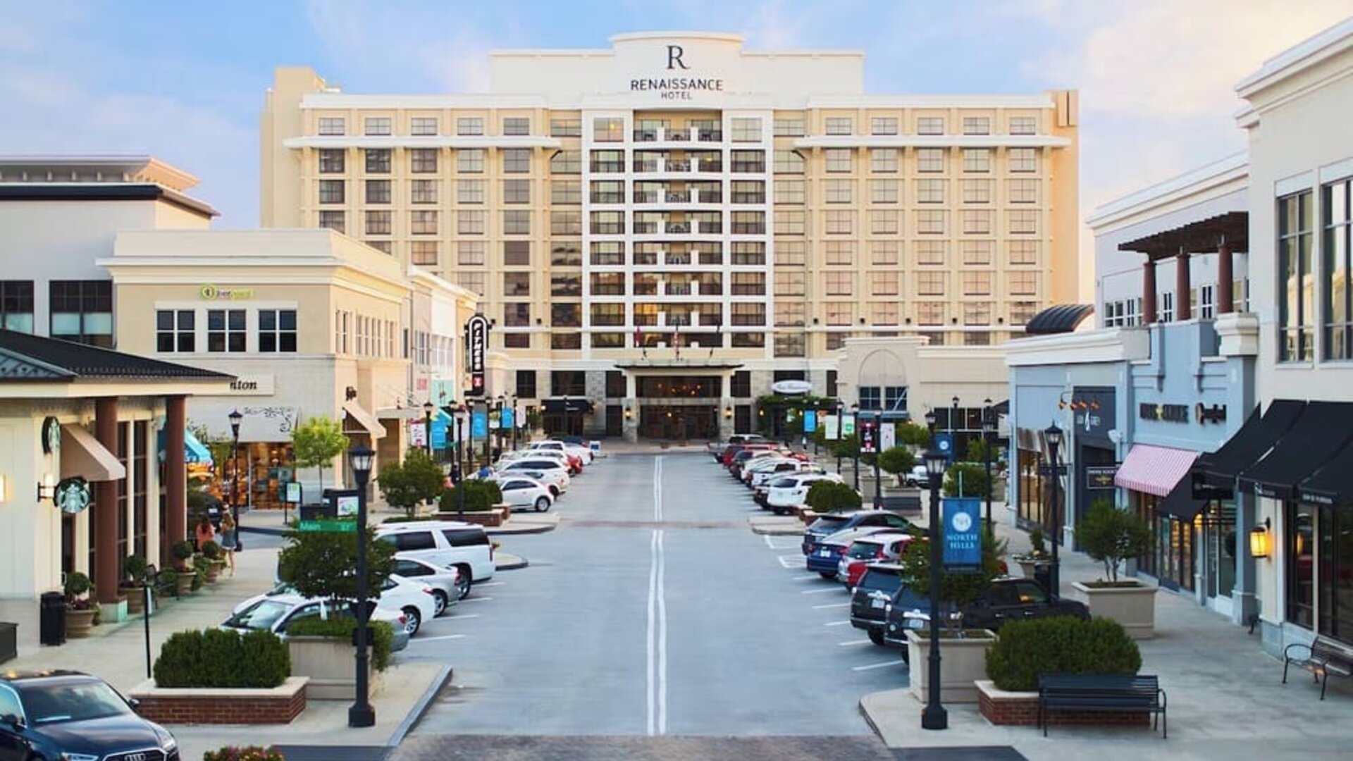 Hotel exterior at Renaissance Raleigh North Hills Hotel.