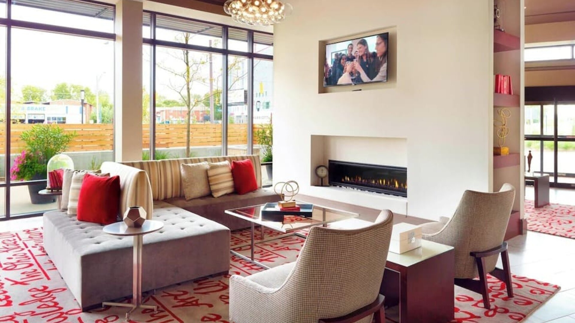 Lobby and coworking lounge at Residence Inn Columbus.