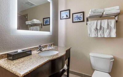 Guest bathroom with shower at Comfort Suites Phoenix Airport.