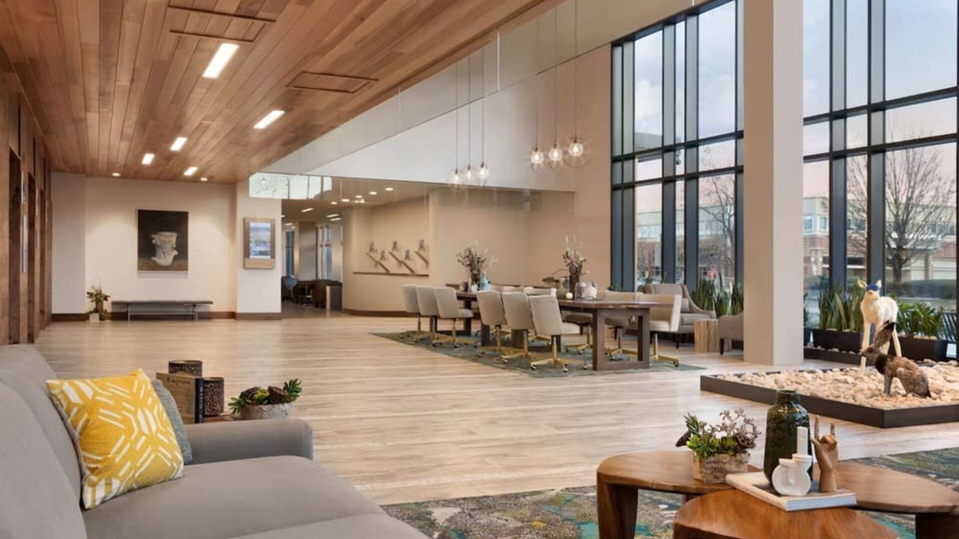 Lobby and coworking lounge at Embassy Suites Boulder.
