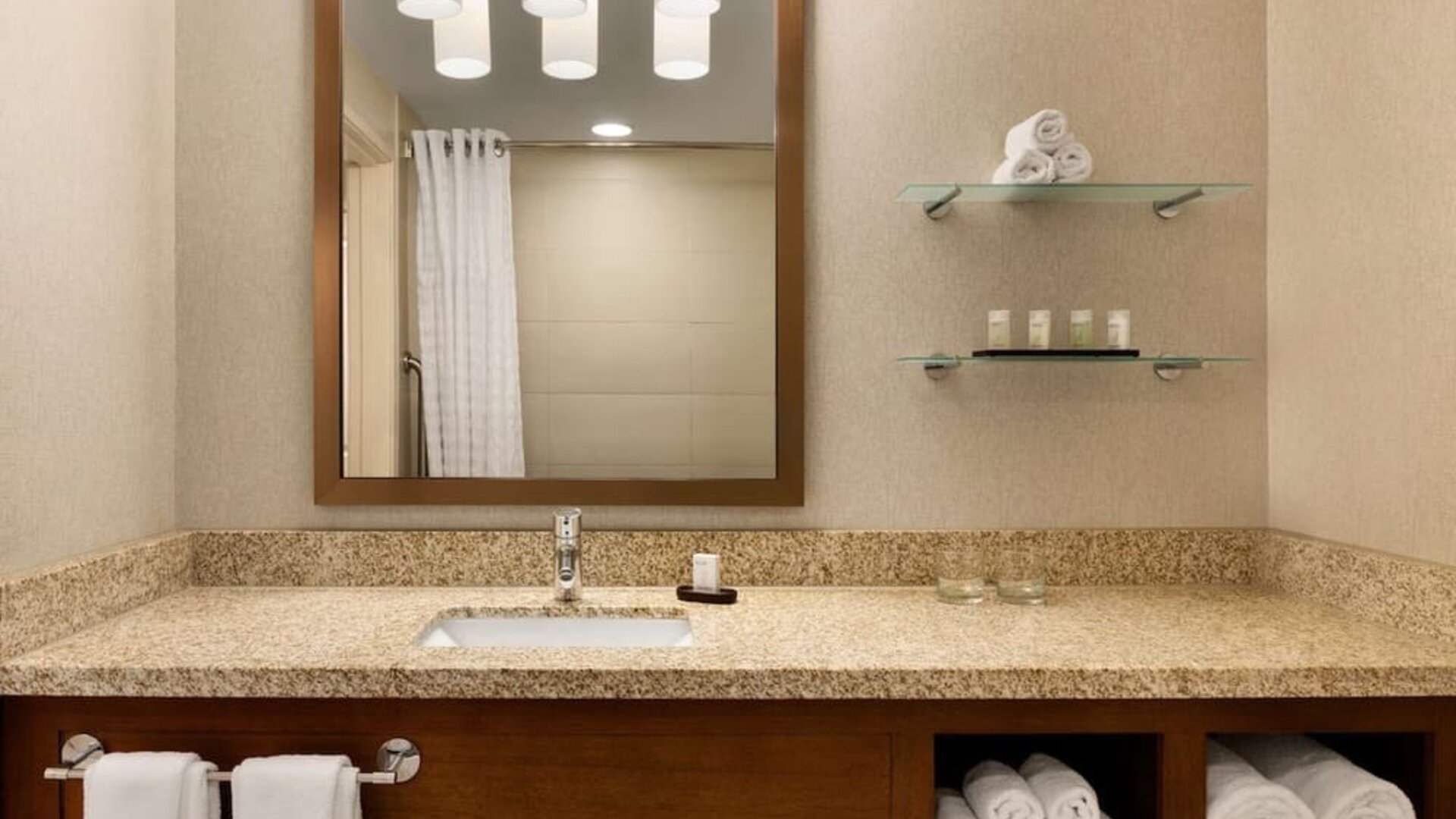 Guest bathroom with shower at Embassy Suites By Hilton Denver Downtown Convention Center.