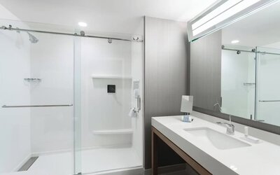 Guest bathroom with shower at Courtyard By Marriott Ruston.