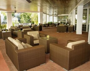 Patio perfect for coworking at DoubleTree Raleigh Durham Airport At Research Triangle Park.