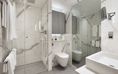 Private guest bathroom with free toiletries at Tower Suites Hotel by Blue Orchid.