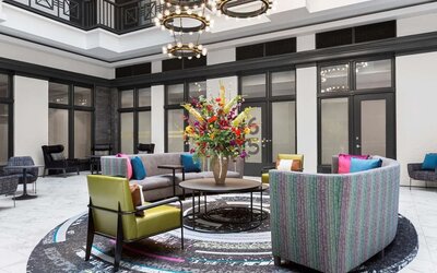 Lobby and coworking lounge at Homewood Suites By Hilton Nashville.