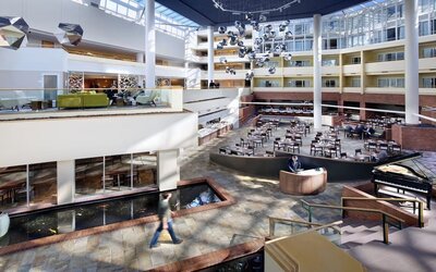 Lobby and coworking lounge at Hyatt Regency Princeton.