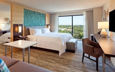 Day use room with work desk and sofa at Marriott Boca Raton.