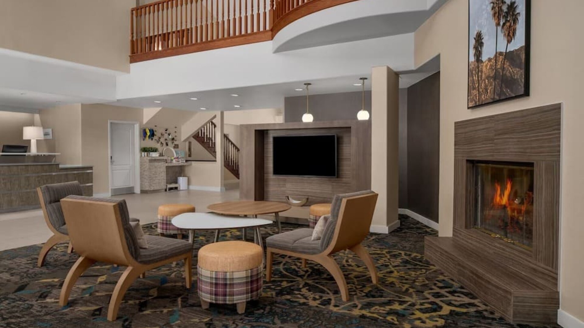 Lobby and coworking lounge at Residence Inn Santa Clarita.