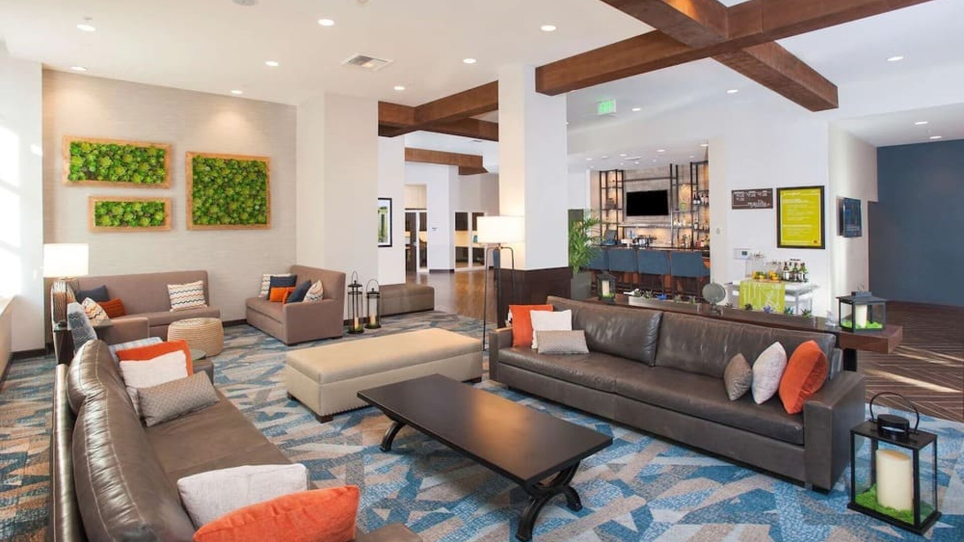 Lobby and coworking lounge at Hilton Garden Inn Burbank Downtown.