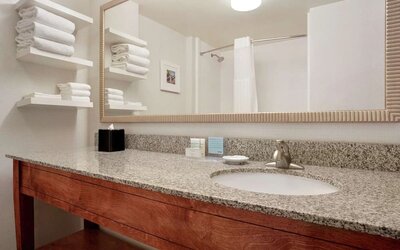 Guest bathroom with shower at Hampton Inn Phoenix-Midtown-Downtown Area.