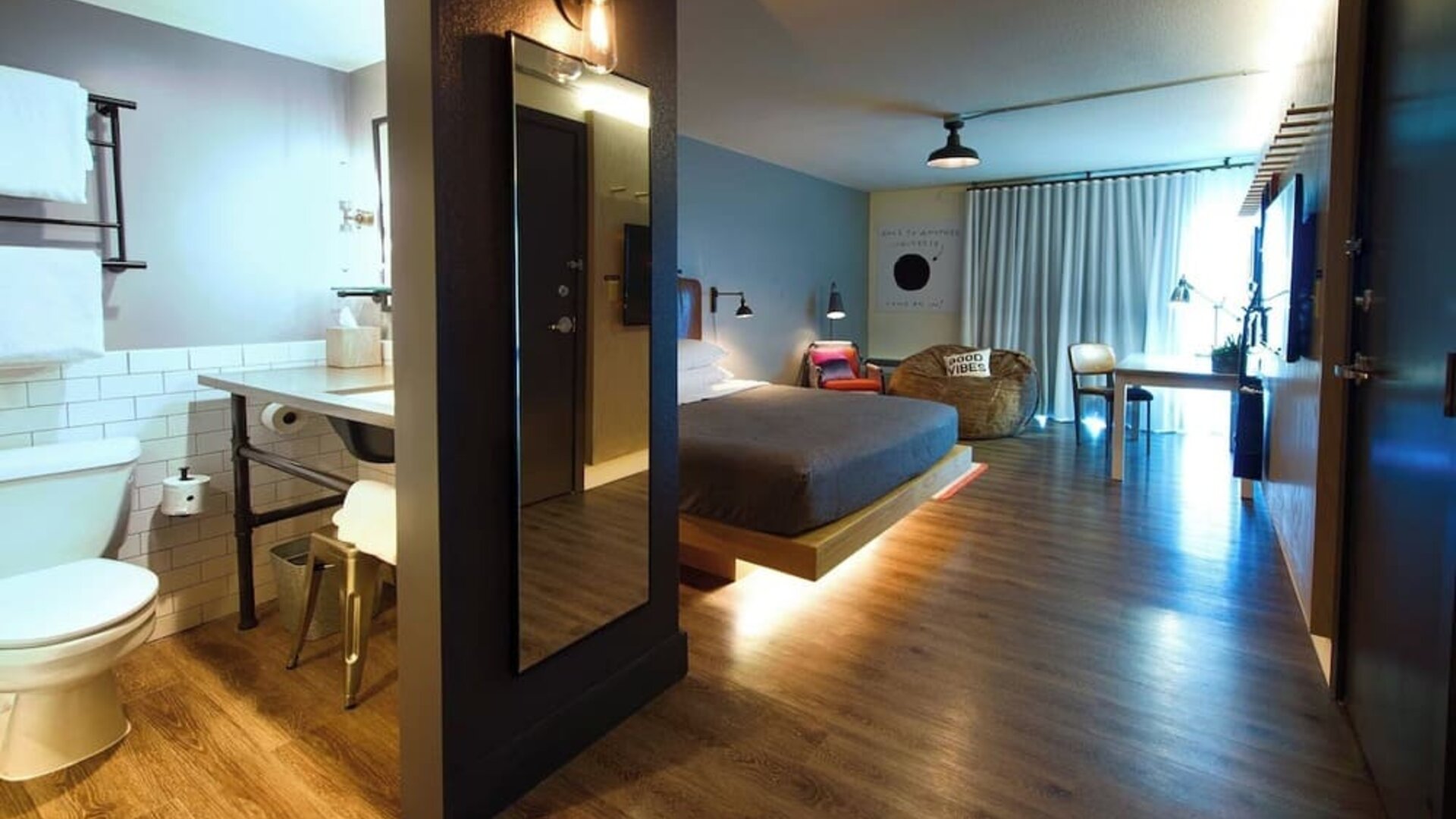 Day use room and bathroom at Moxy Phoenix Tempe/ASU Area.