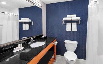 Guest bathroom with shower at Fairfield Inn By Marriott Denver Airport.