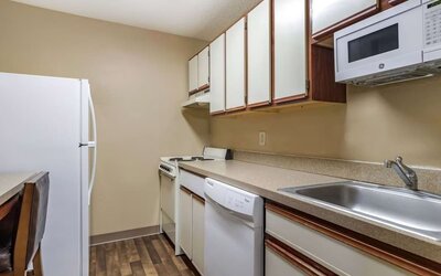 Kitchen area at Extended Stay America.