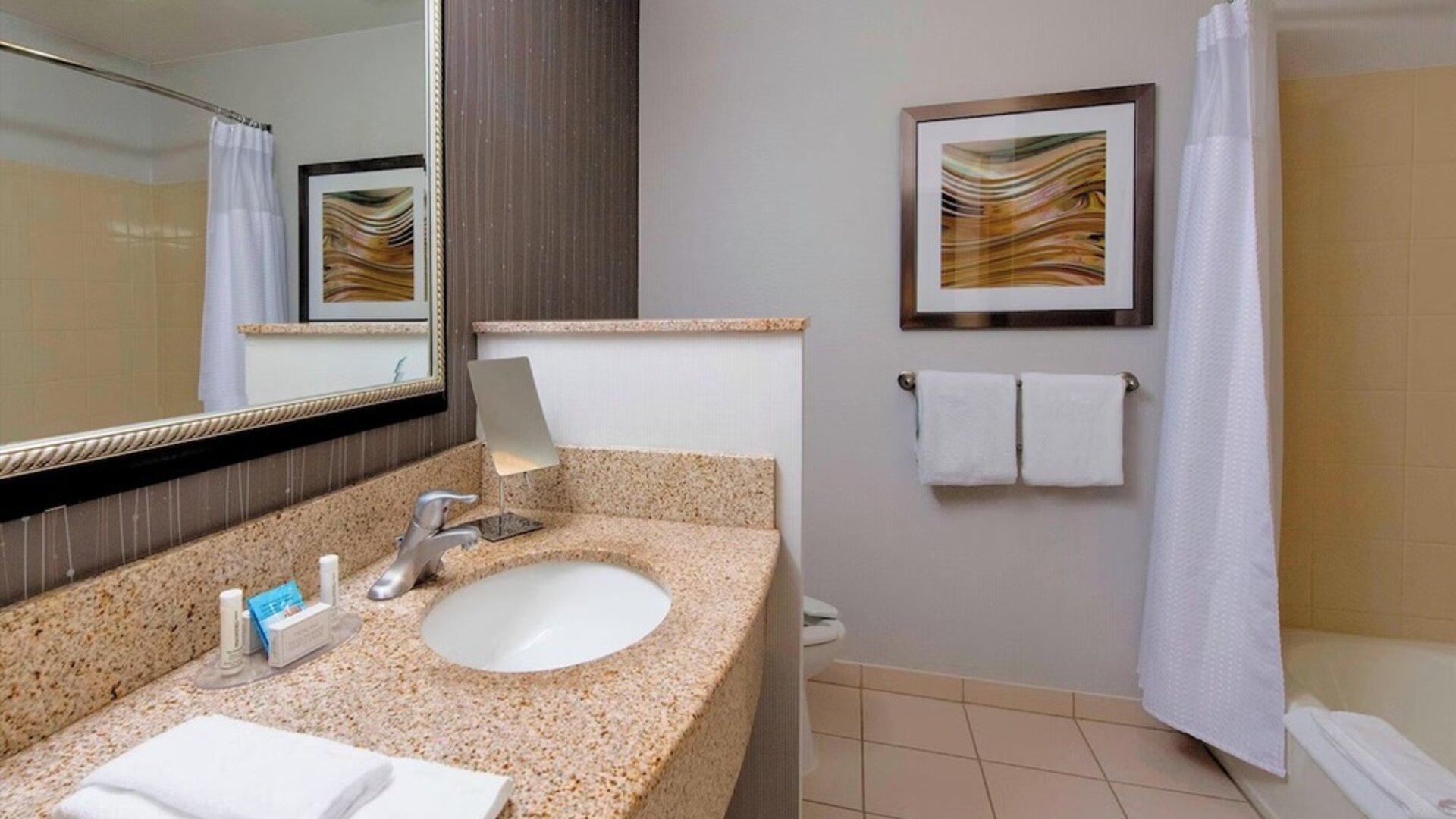 Guest bathroom with shower and tub at Courtyard By Marriott Montgomery Prattville.