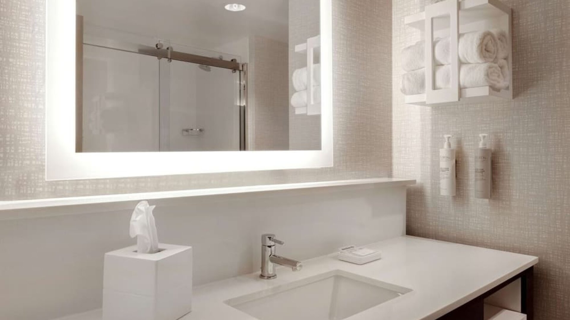 Guest bathroom at Hampton Inn Chicago Orland Park.