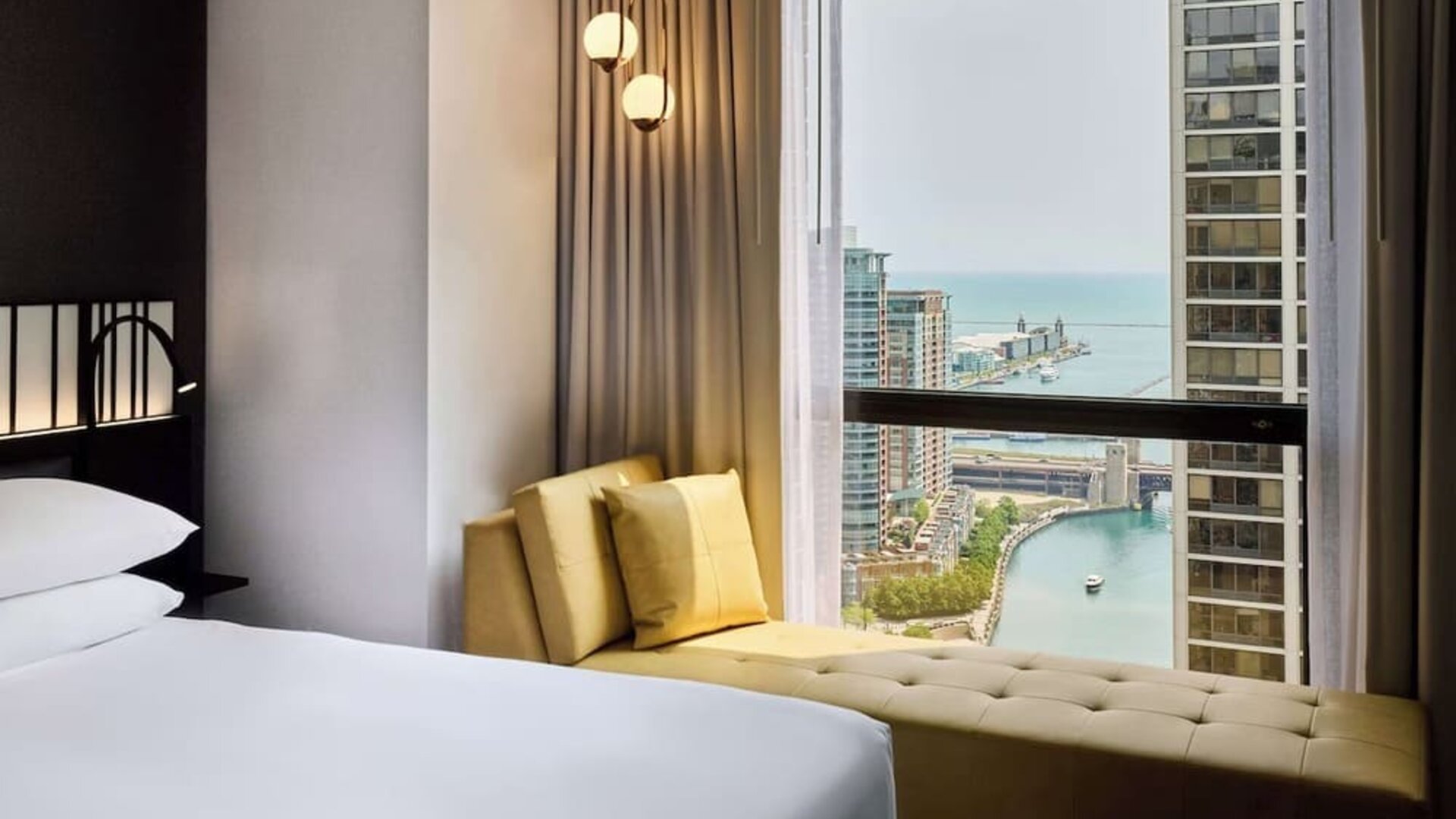 Day use room with a view of the river at Hyatt Regency Chicago.