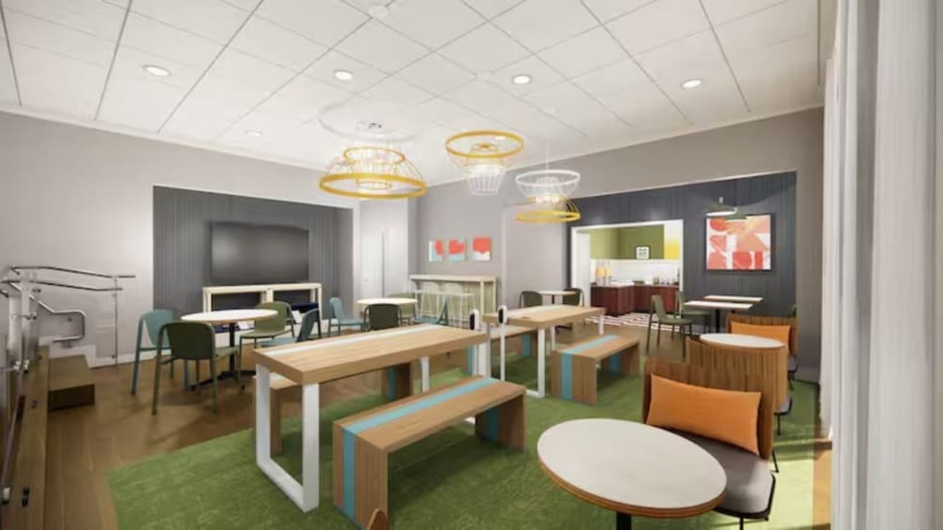 Lounge and coworking space at Spark By Hilton Houston Hobby Airport.