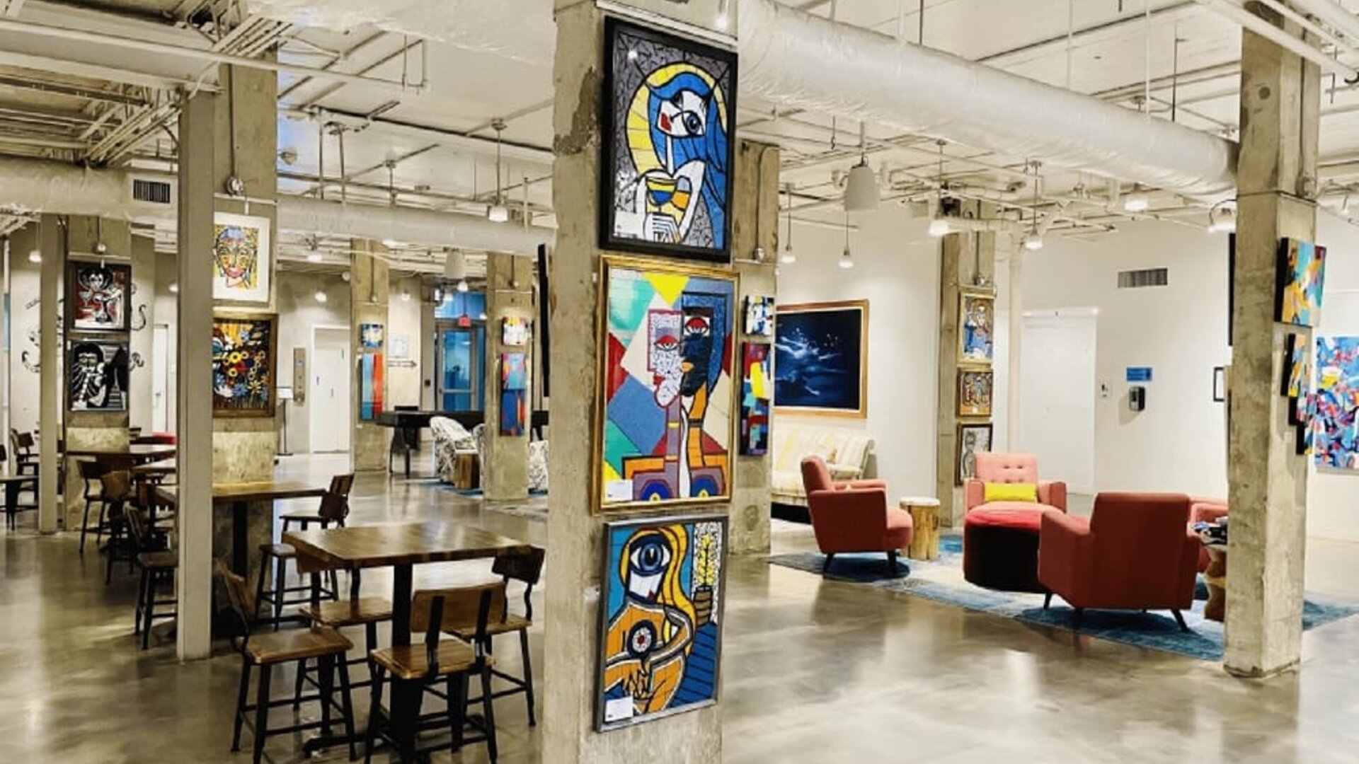 Lobby and coworking lounge at Plunge Beach Resort.