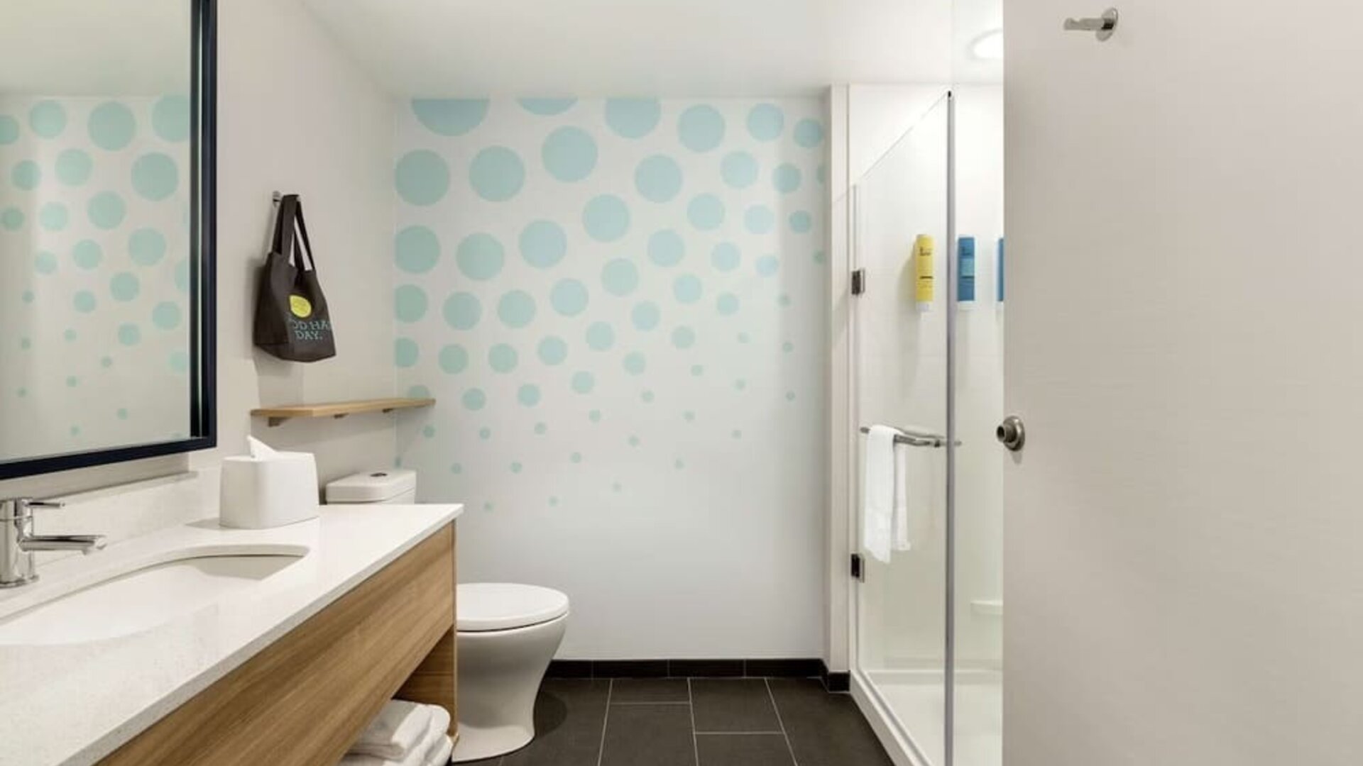 Guest bathroom with shower at Tru By Hilton Wichita Northeast.
