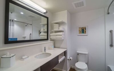 Guest bathroom with shower and tub at Hampton Inn Chicago North/Loyola Station.
