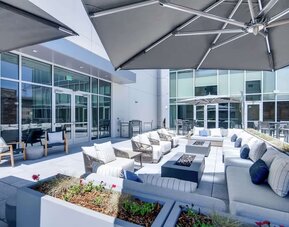 Plenty of seats in courtyard of the Hilton Garden Inn Denver Union Station.