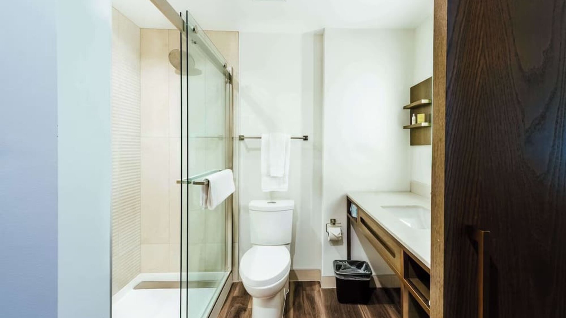 Guest bathroom with shower at Hilton Garden Inn Denver Union Station.