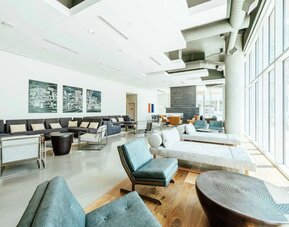 Lobby and coworking lounge at Hilton Garden Inn Denver Union Station.