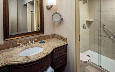 Guest bathroom with shower at Hilton Chicago-Northbrook.