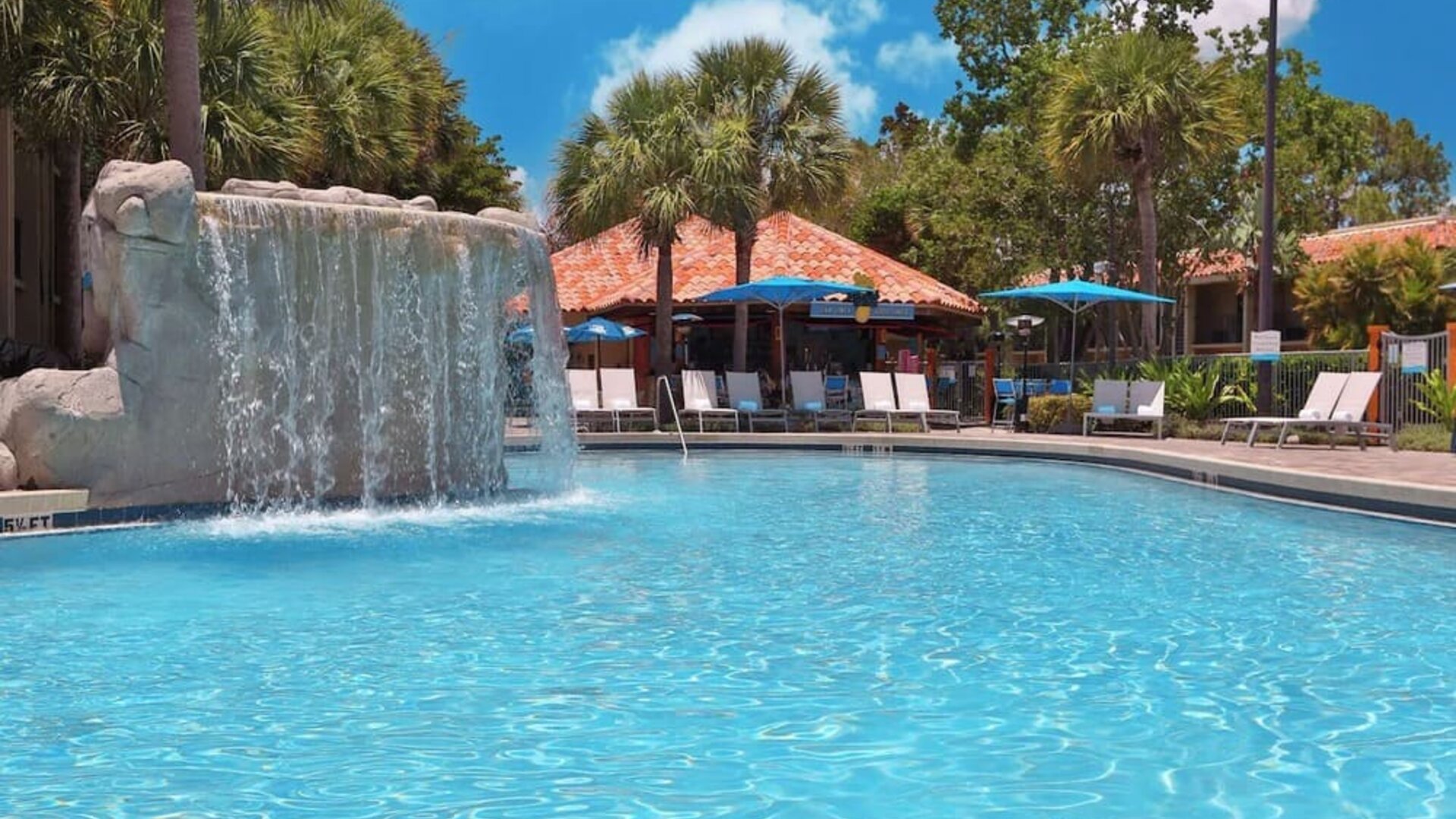 Waterfall in the lagoon pool of the DoubleTree By Hilton Orlando At SeaWorld.