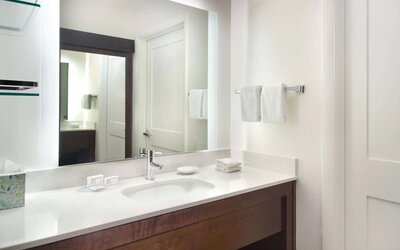 Private guest bathroom with shower and free toiletries at Sonesta ES Suites Raleigh Cary 