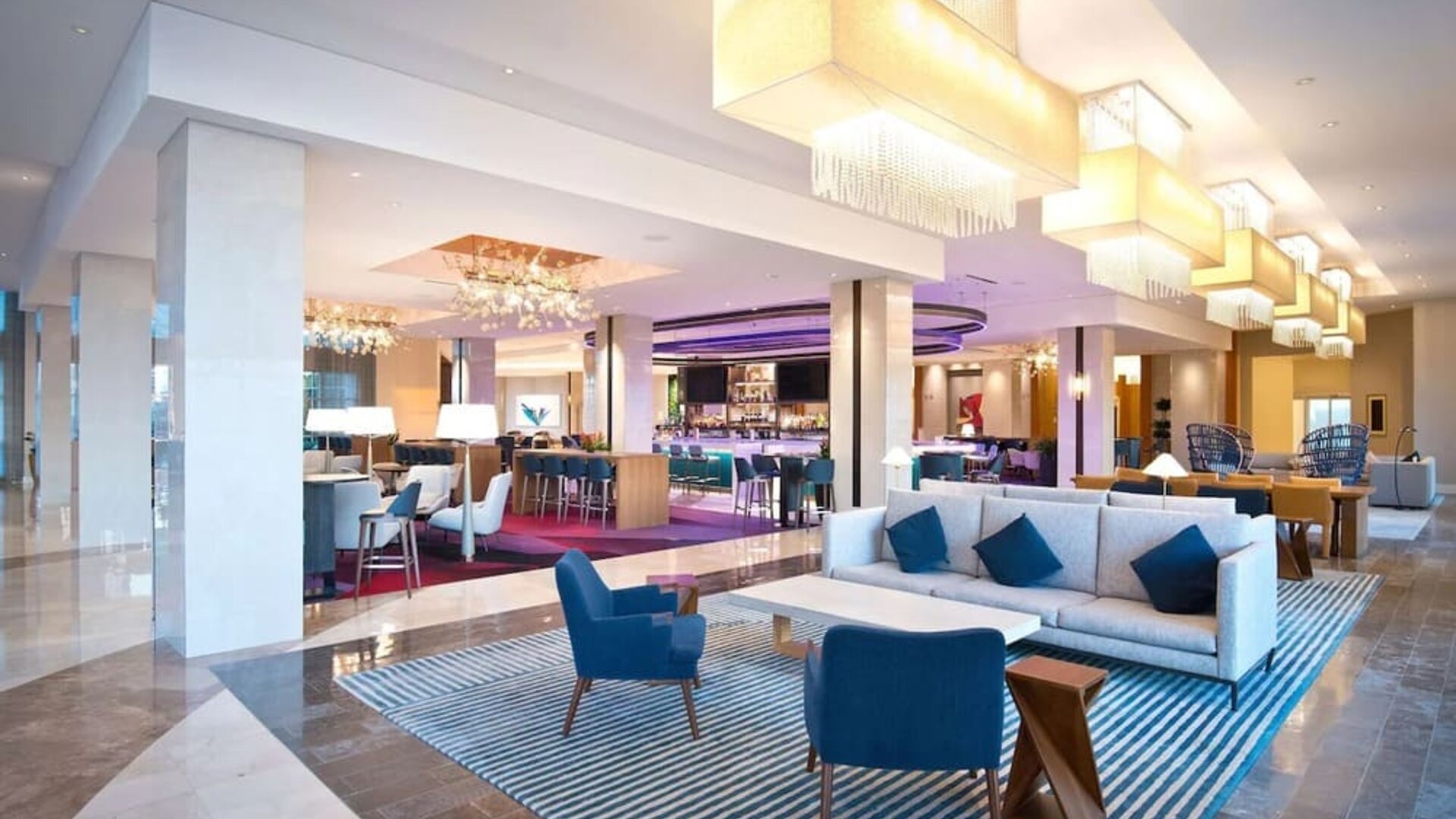 Lobby and coworking lounge at Hilton Orlando.