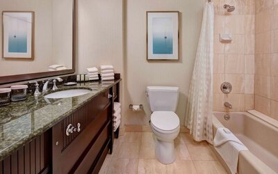 Guest bathroom with shower and tub at Embassy Suites By Hilton San Diego-La Jolla.