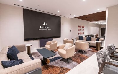 Lobby and coworking lounge at Hilton Crystal City At Washington Reagan National Airport.